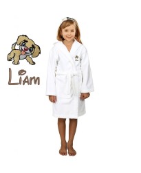 Cute Doggy Cartoon Design & Custom Name Embroidery on Kids Hooded Bathrobe